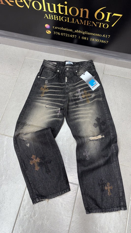 Jeans Cianotic stile chrome hearts