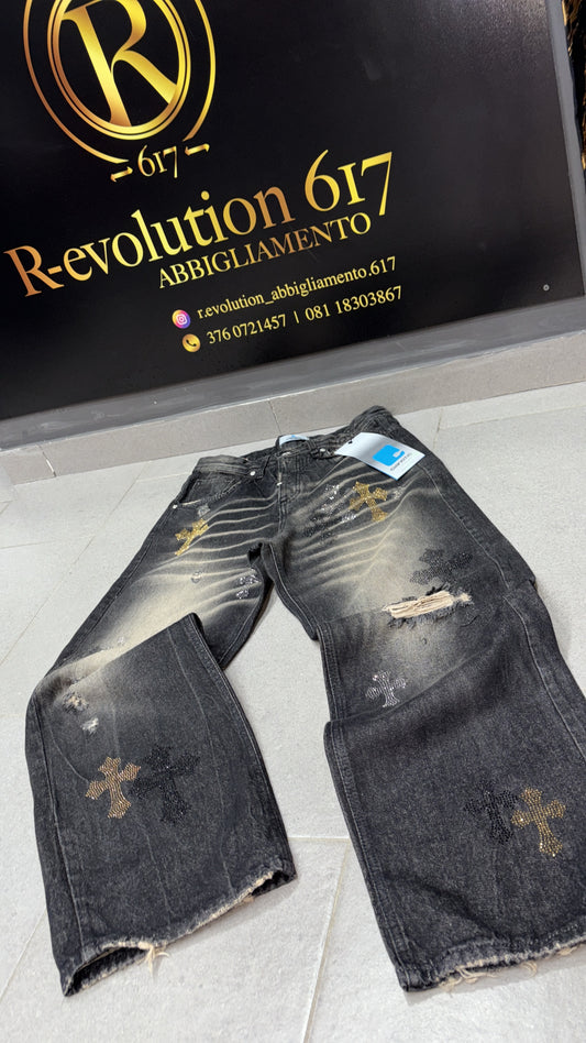 Jeans Cianotic stile chrome hearts